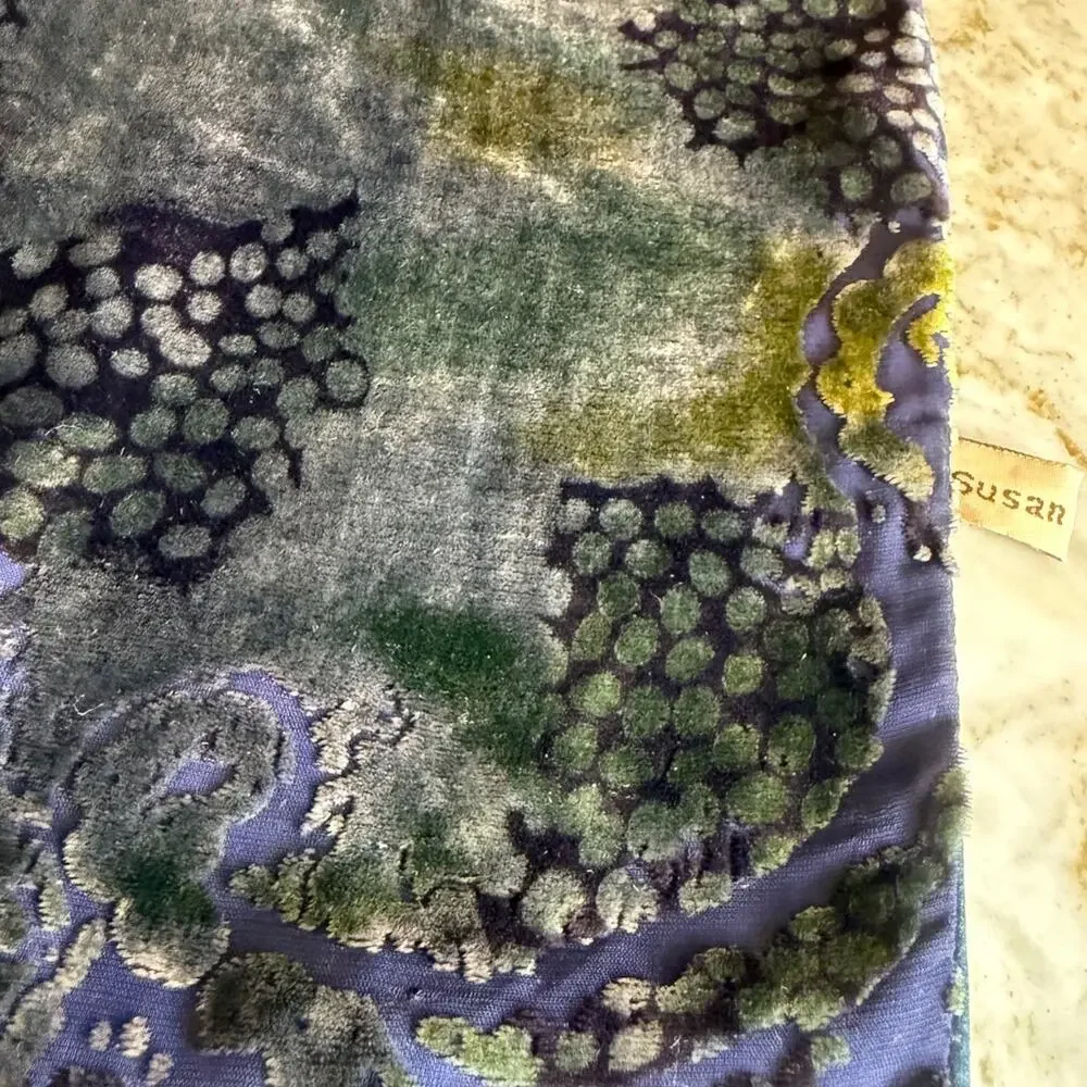 Vintage Susan Daniels Burnt Velvet Silk Scarf Blue Paisley Print